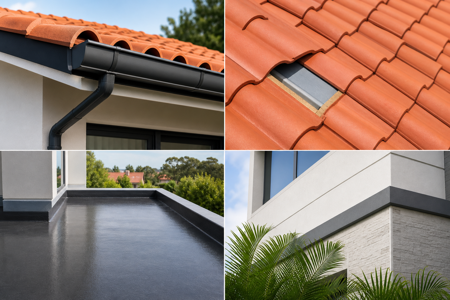 Detalhes de calha, telhas, impermeabilização e fachada